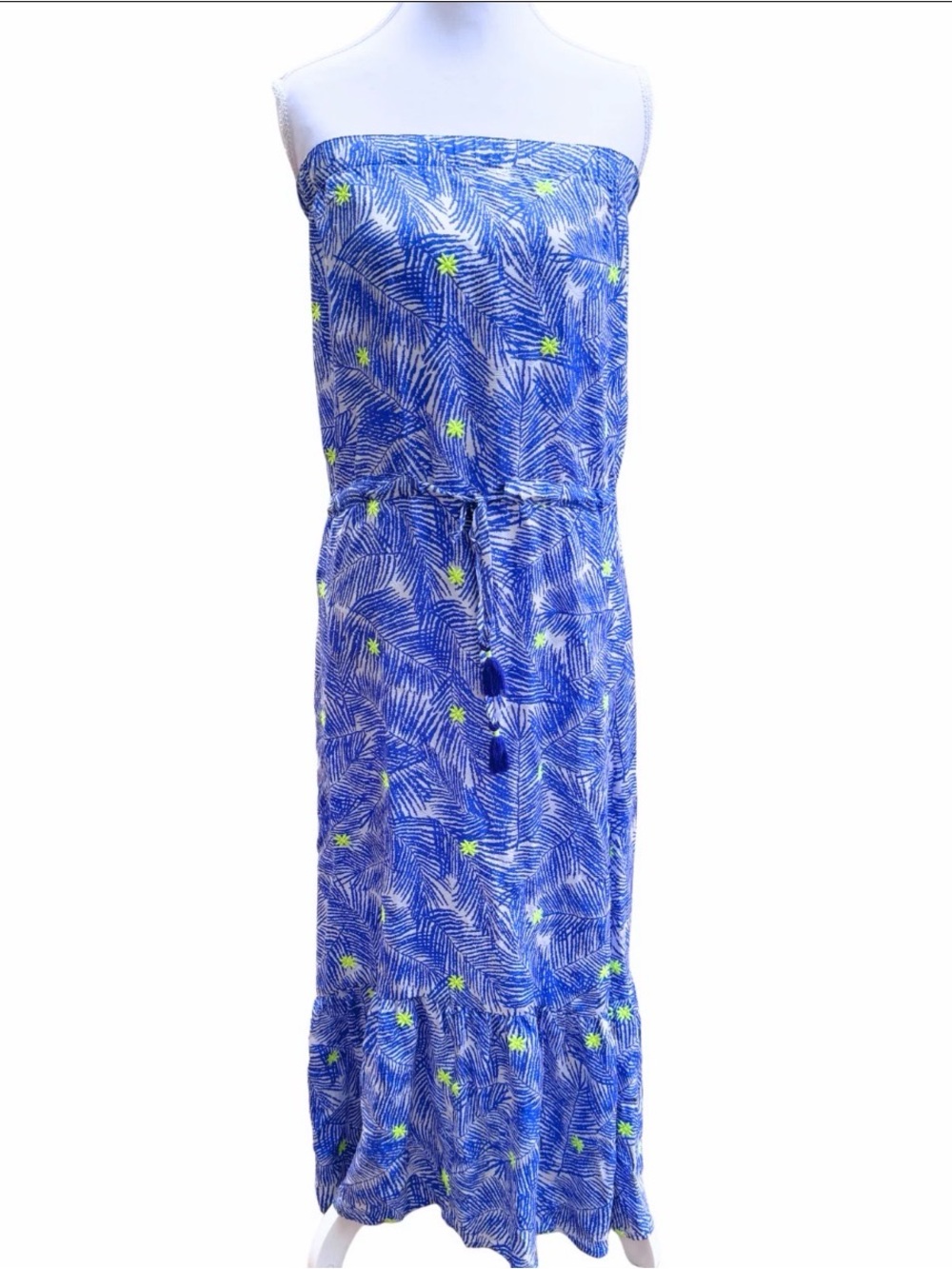 Vineyard Vines Dress Blue Women’s XS Silk Strapless Maxi Tropical Embroidered